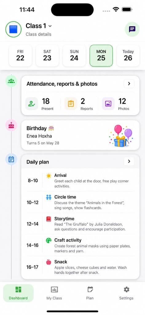 KidTrack Teacher dashboard on mobile — class attendance, reports, photos, and daily plan
