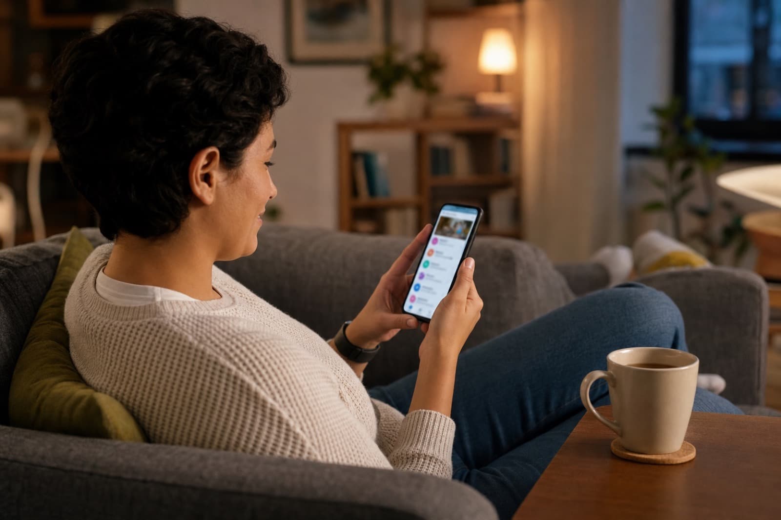 Parent at home reviewing their child’s kindergarten updates on a smartphone