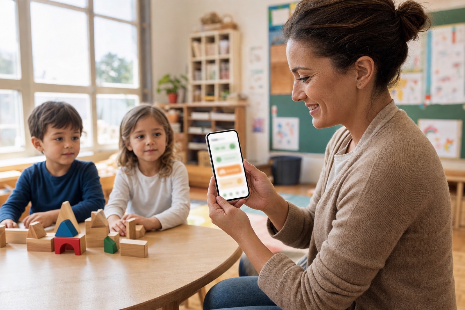 Teacher using the MyKidTrack mobile app in a kindergarten classroom